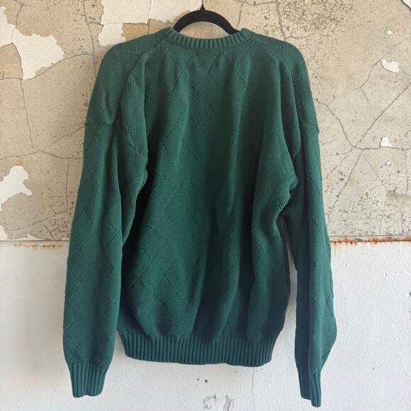 Vtg 90s Grandpa Sweater Emerald Green Diamond Textured Knit Crewneck Jantzen XL - Picture 3 of 8